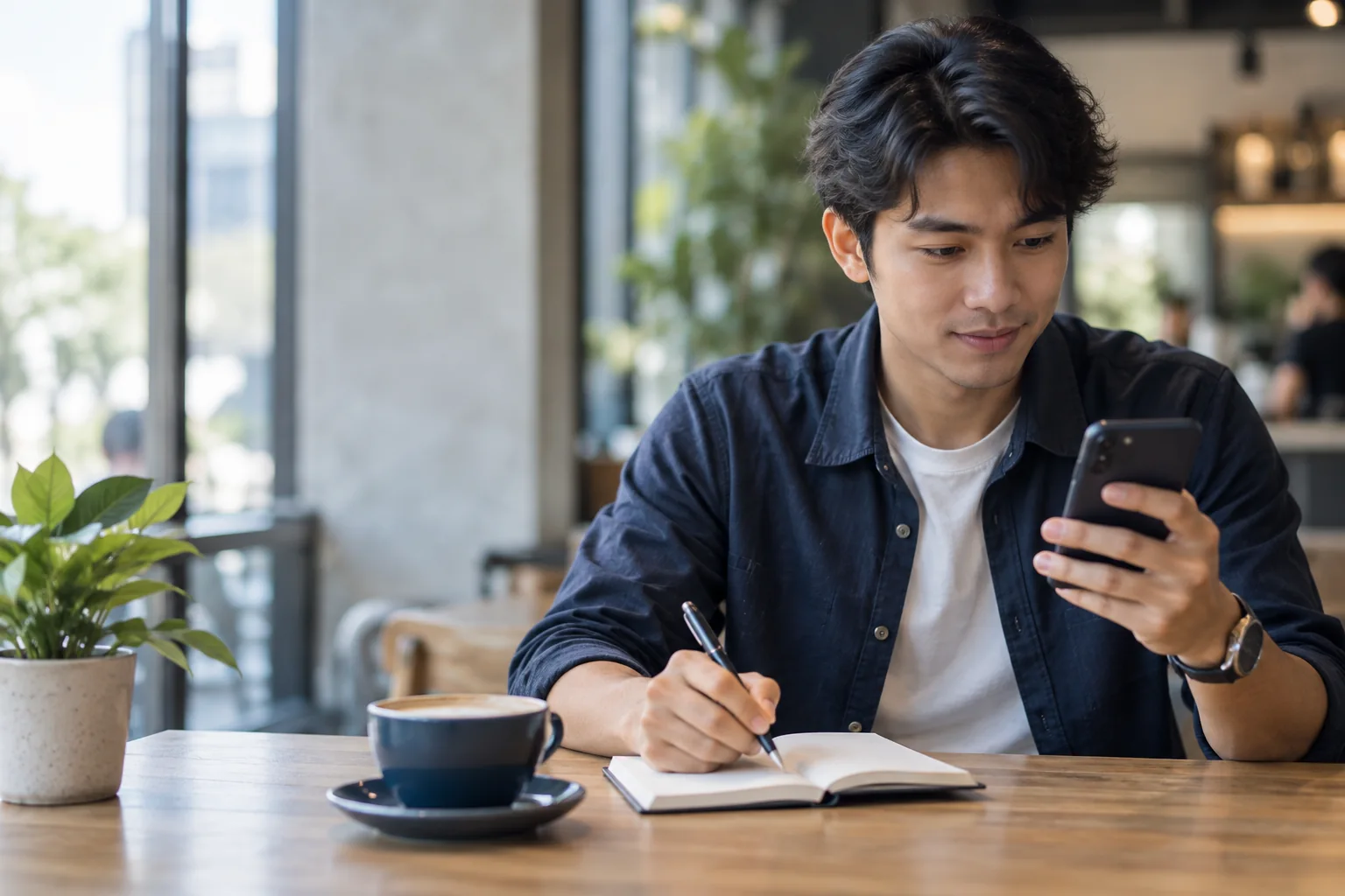 Tester using a mobile app and noting findings